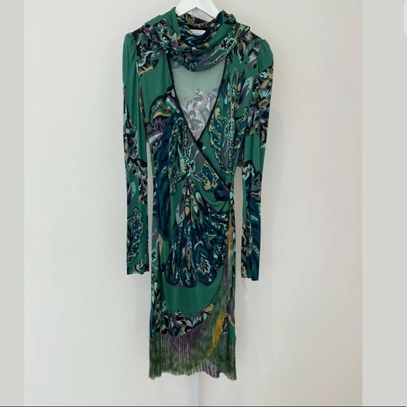 EMILIO PUCCI GREEN PRINTED FRINGE DRESS MODEL 17RG89 IT 46 / US 12 NWTS!